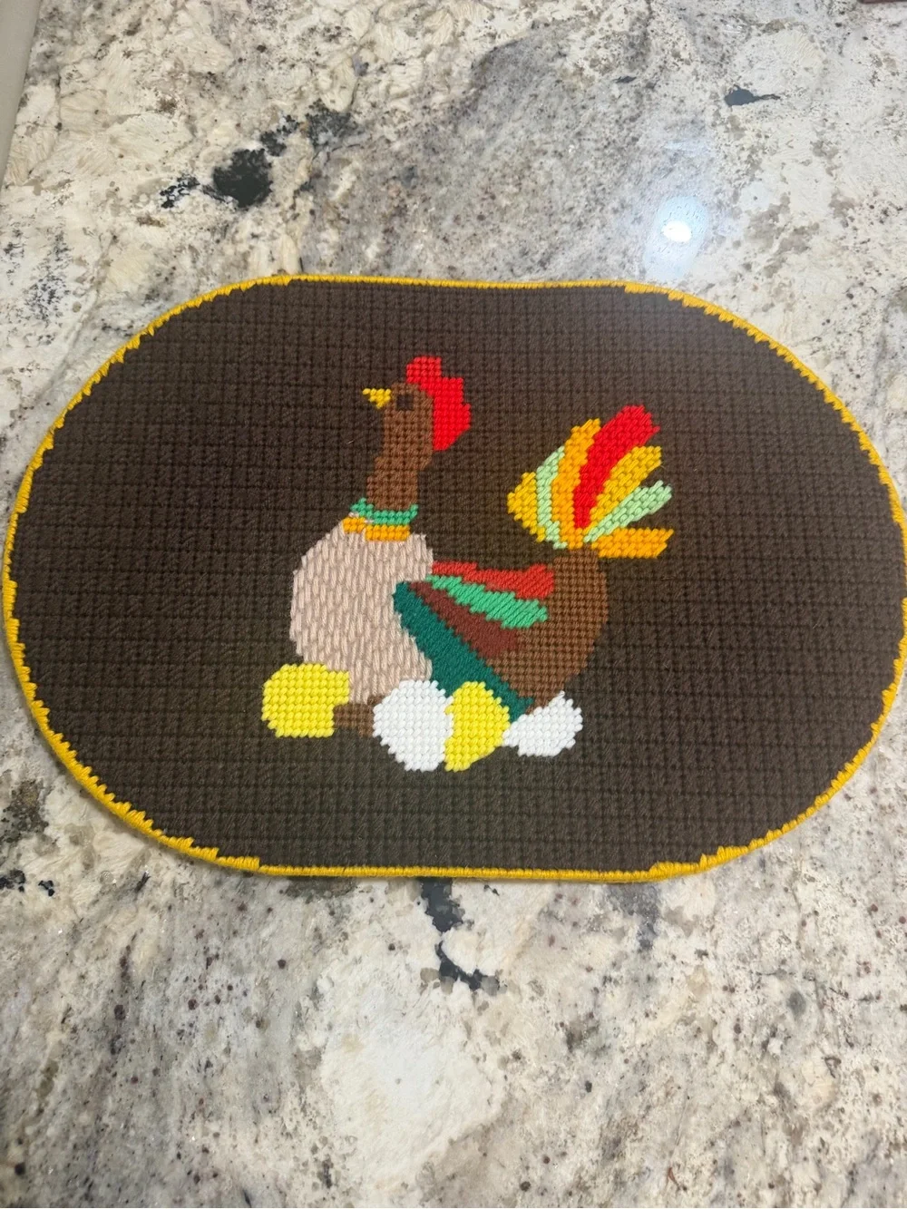 Vintage 1970s Turkey Needlepoint Placemats Set of 4 Thanksgiving Yarn Embroidery